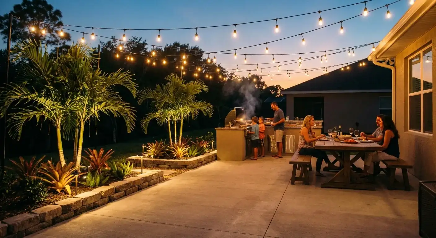 Backyard concrete patio with string lights and an outdoor dining table, Bayonet Point, FL