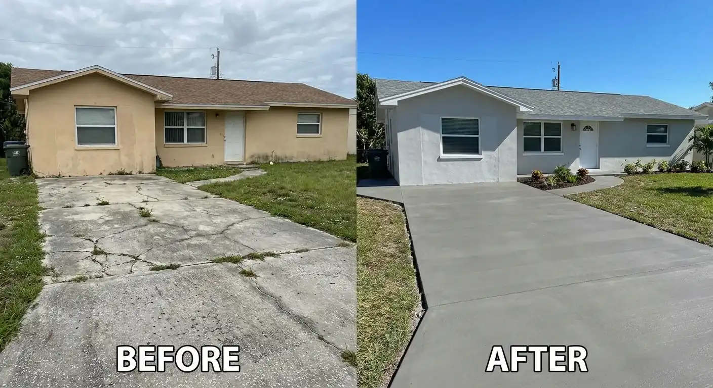 Before and after of a cracked old driveway replaced with a new concrete driveway, Spring Hill, FL