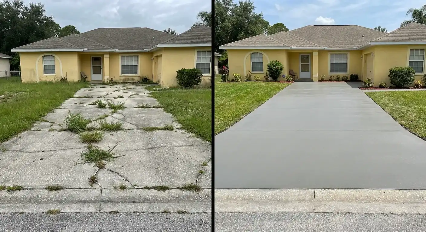 Before and after of a cracked weedy driveway replaced with new concrete, Port Richey, FL