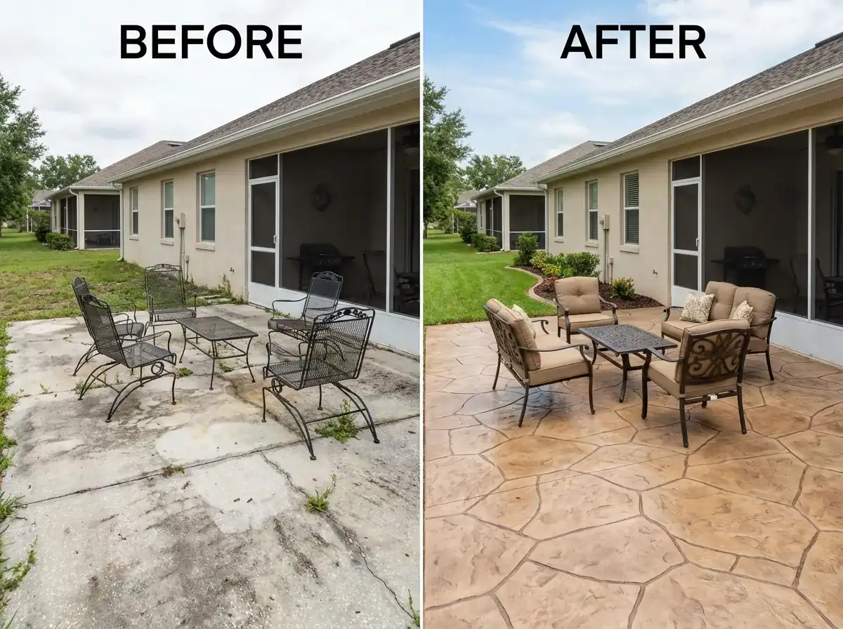 Before and after of a stained patio redone as a tan stamped concrete patio, Port Richey, FL