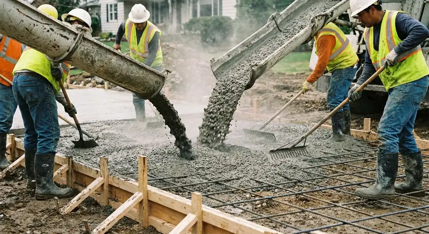 Chute pouring concrete into a rebar mat inside driveway forms, Spring Hill, FL