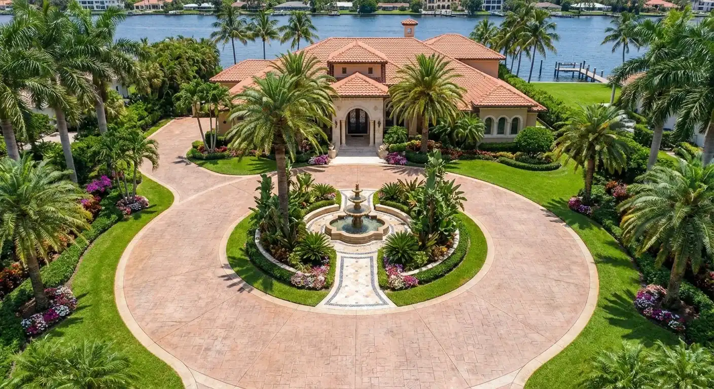 Circular decorative concrete driveway around a fountain at a waterfront home, Meadow Oaks, FL