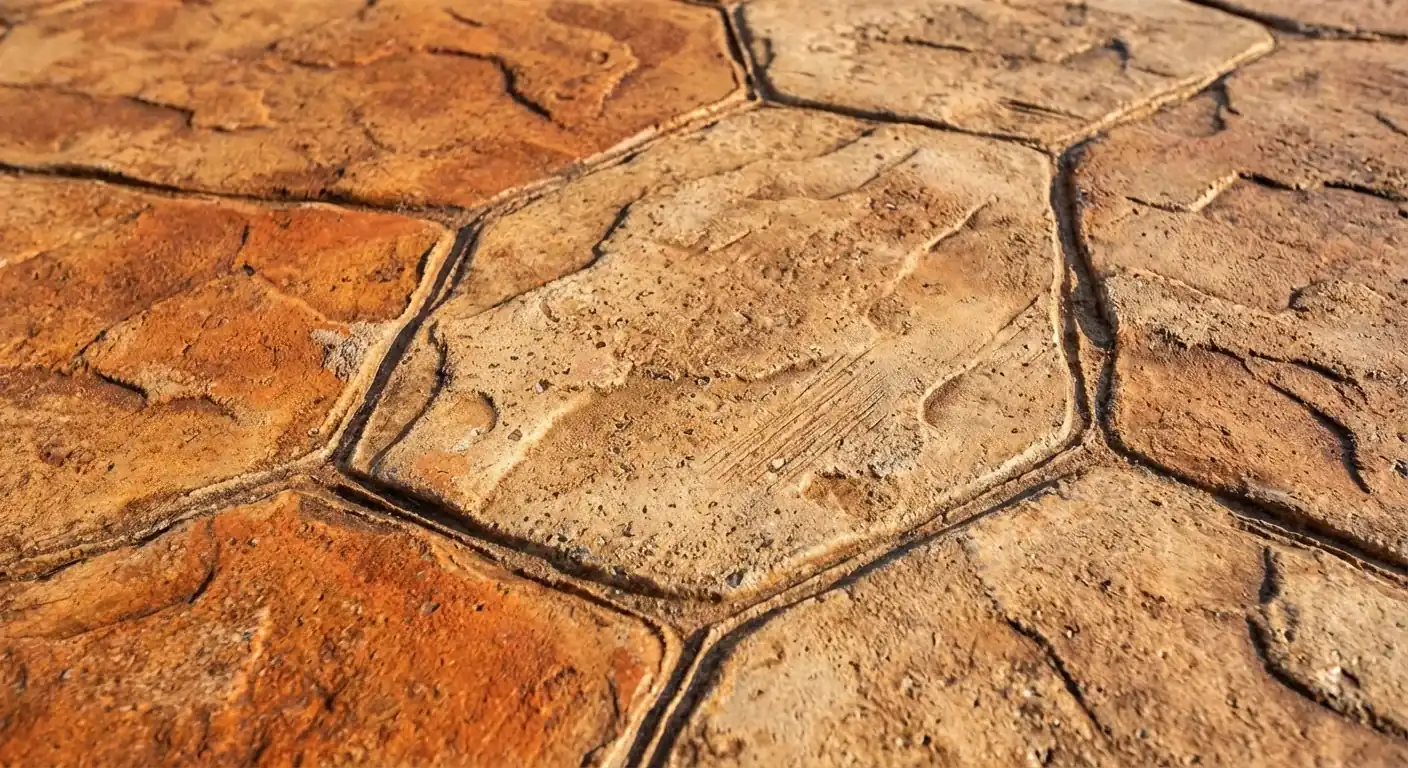 Close up of tan and rust stamped concrete in a flagstone pattern, Hudson, FL