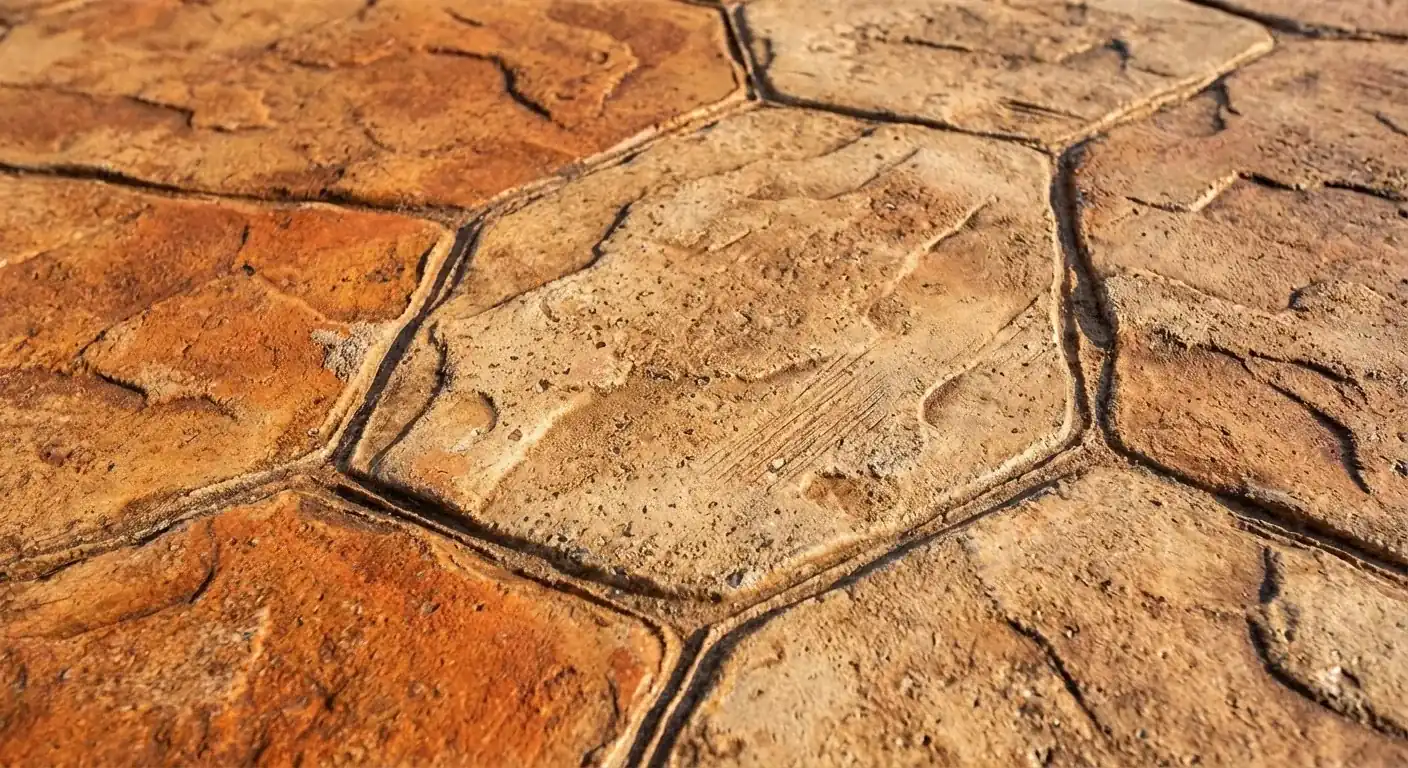 Close up of tan and rust stamped concrete in a flagstone pattern, Spring Hill, FL