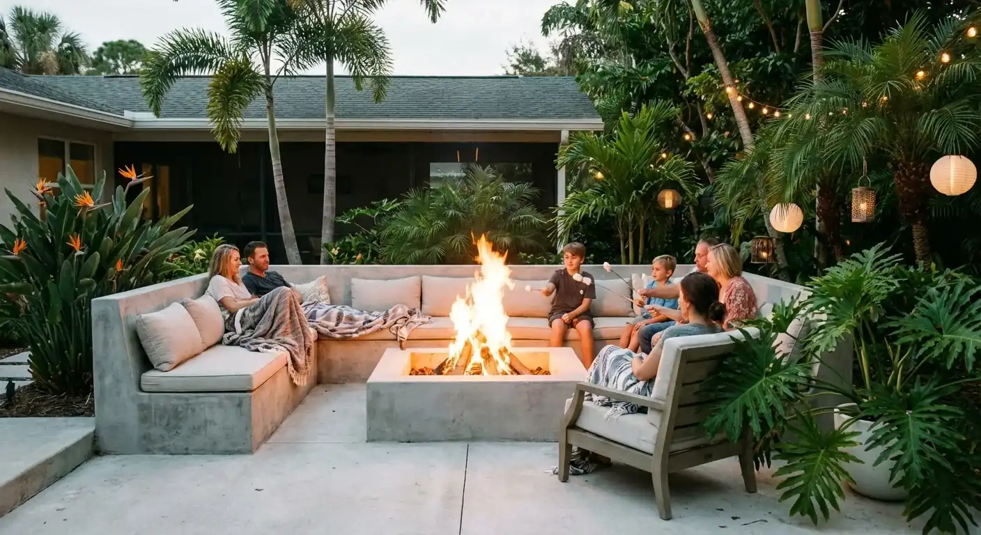 Concrete patio with a built in fire pit and sectional seating, Hudson, FL