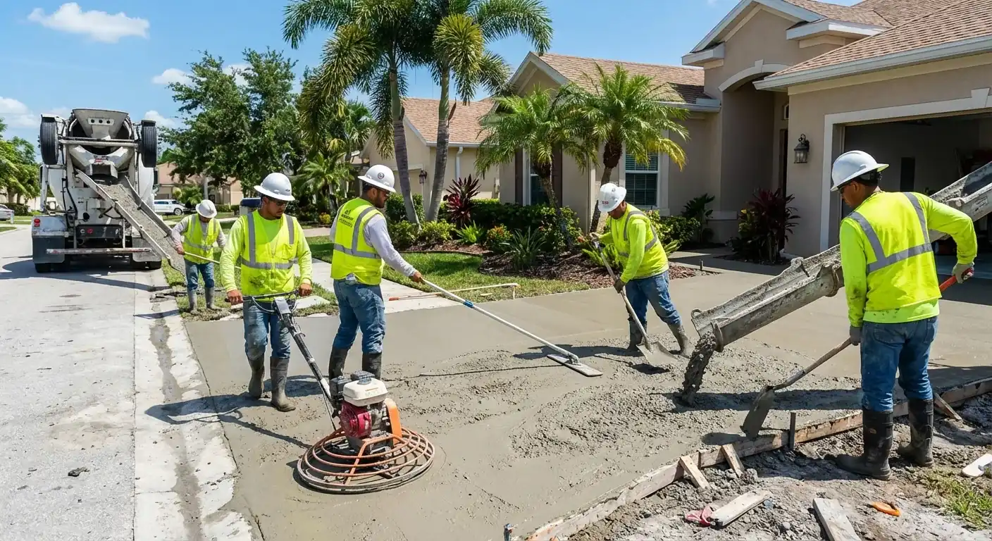 Crew in safety vests screeding and power troweling a new driveway pour, Spring Hill, FL