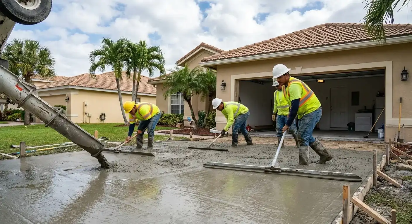 Crew placing and screeding concrete for a new driveway at a two-car garage, Bayonet Point, FL