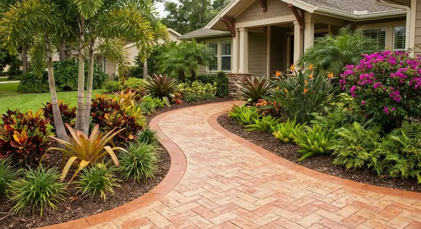 Curved red stamped concrete walkway through tropical landscaping, Jasmine Estates, FL