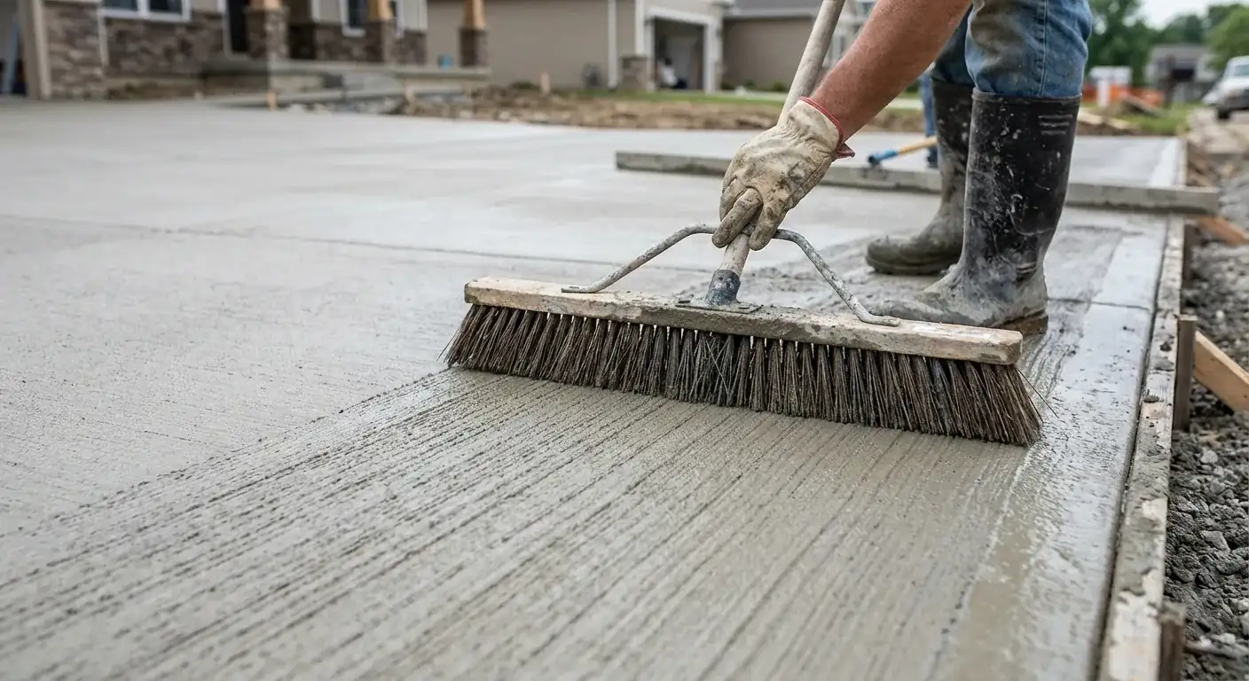 Finisher pulling a broom across fresh concrete for a slip resistant texture, Hudson, FL