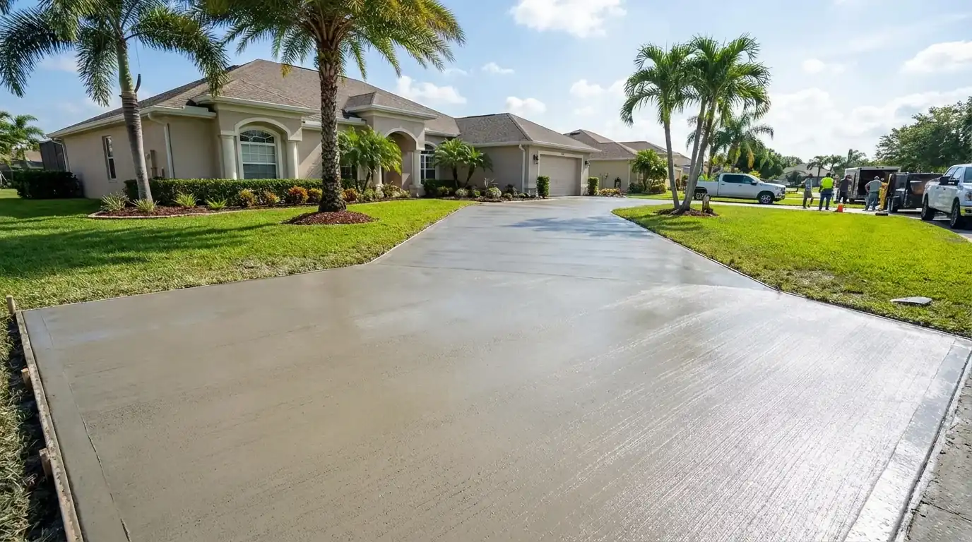 Freshly poured wide concrete driveway with control joints at a stucco home, Quail Ridge, FL