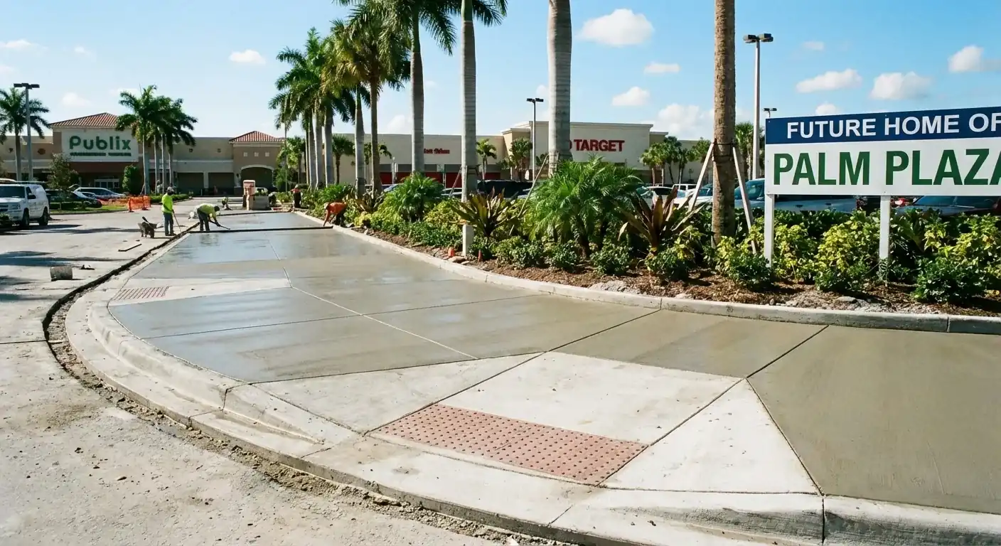 New curved concrete sidewalk and curb ramp in front of a shopping plaza, Heritage Pines, FL