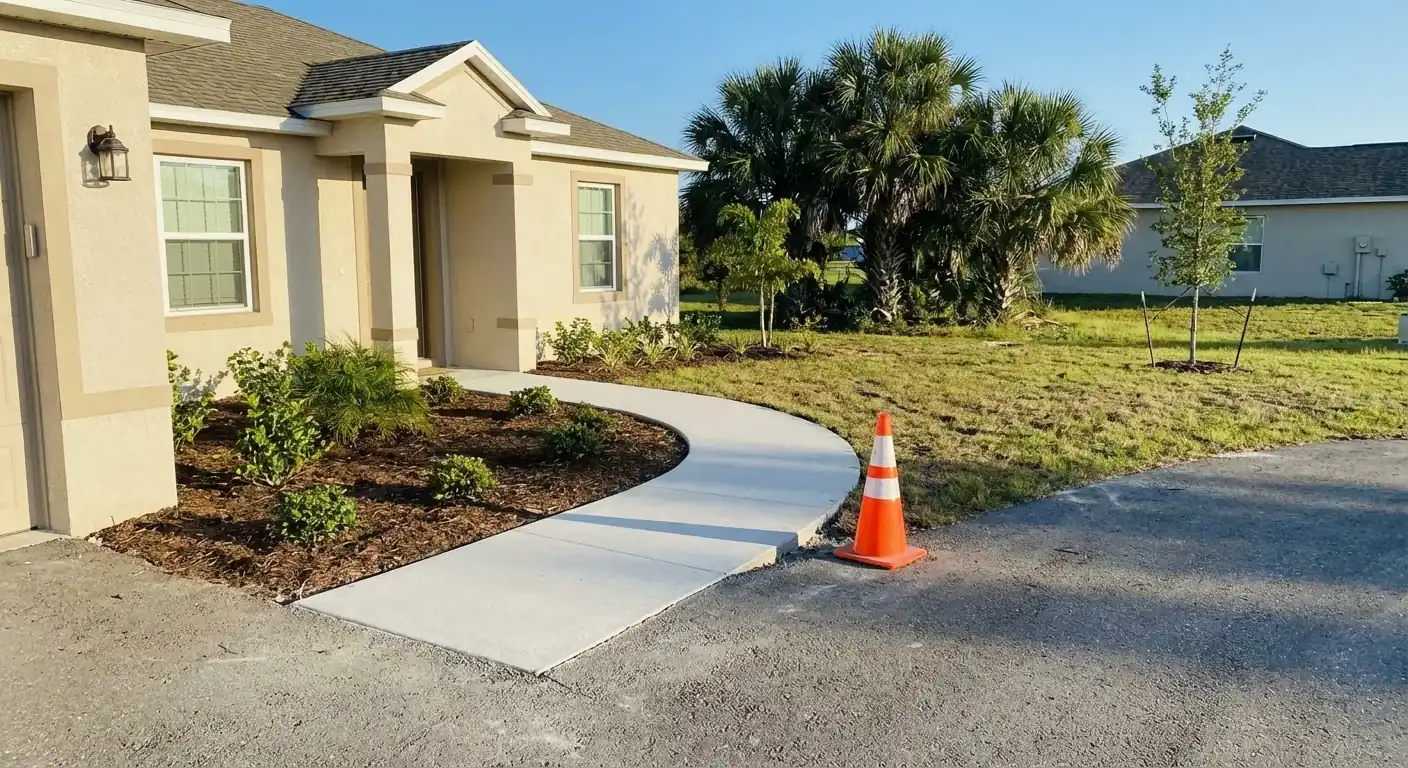New curved concrete walkway from the driveway to a front door, Meadow Oaks, FL