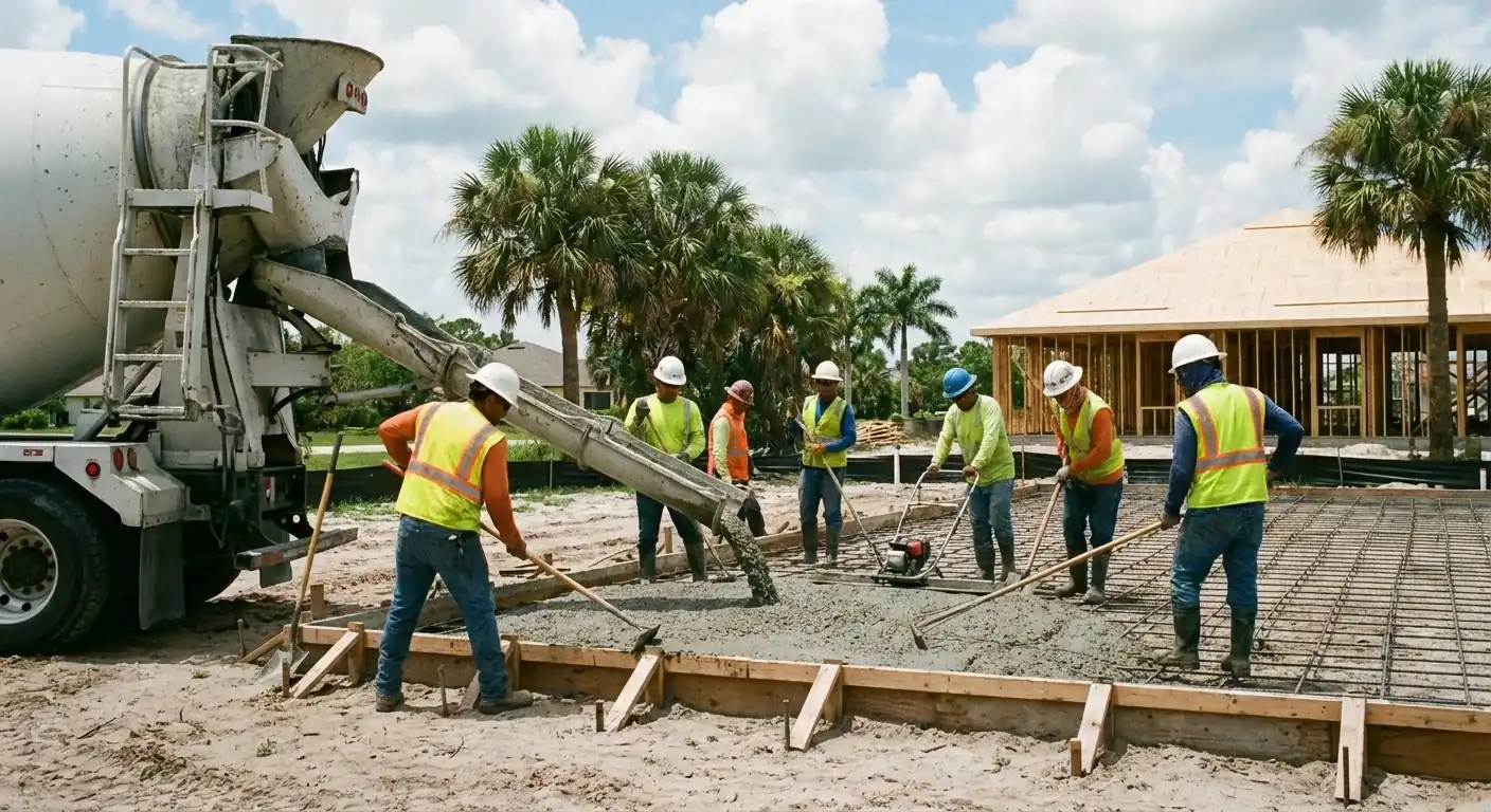 Ready mix truck chute and crew placing concrete into slab forms, Spring Hill, FL