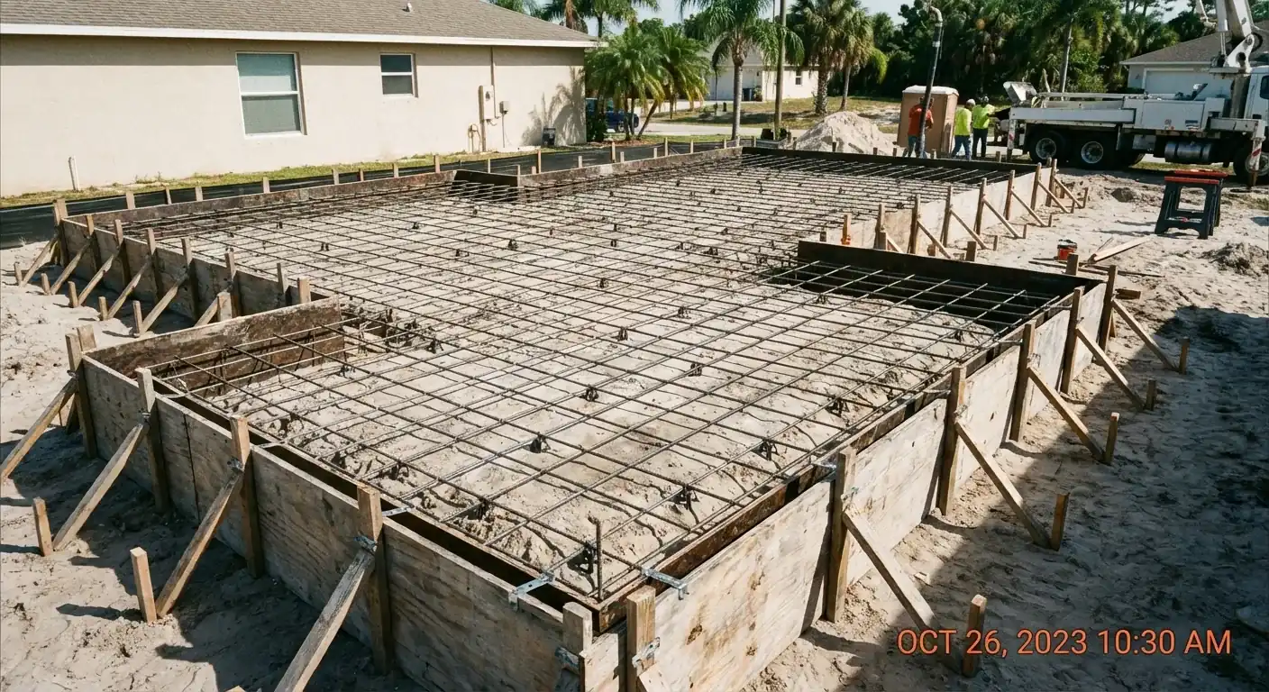 Slab foundation forms with rebar grid and vapor barrier on a sandy lot, Spring Hill, FL