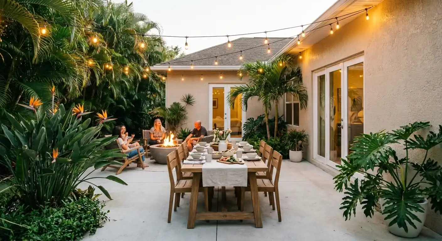 Smooth concrete patio set for outdoor dining beside tropical plants, Hudson, FL