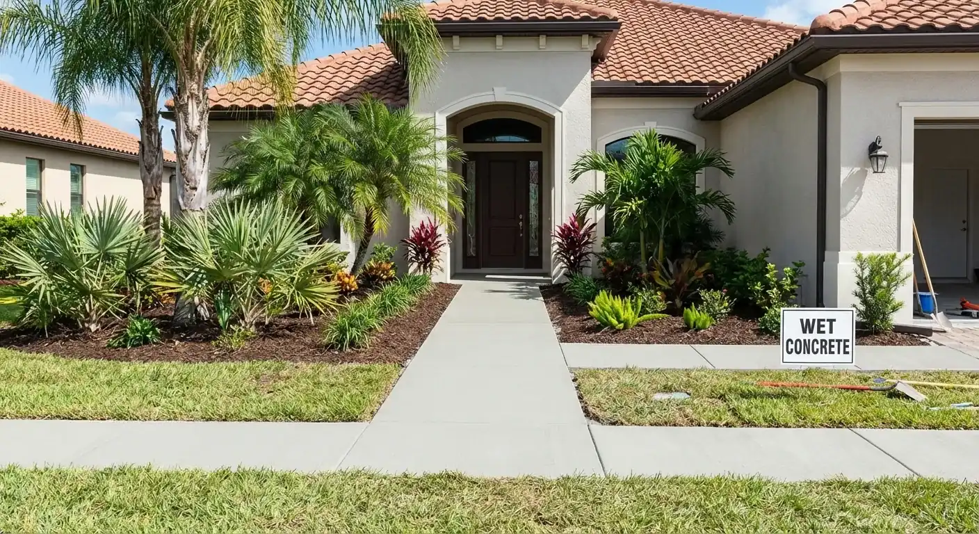 Straight broom finish concrete front walk from the street to a home entry, Spring Hill, FL