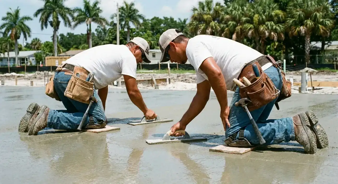 Two finishers kneeling on boards to hand trowel a fresh concrete slab, Meadow Oaks, FL